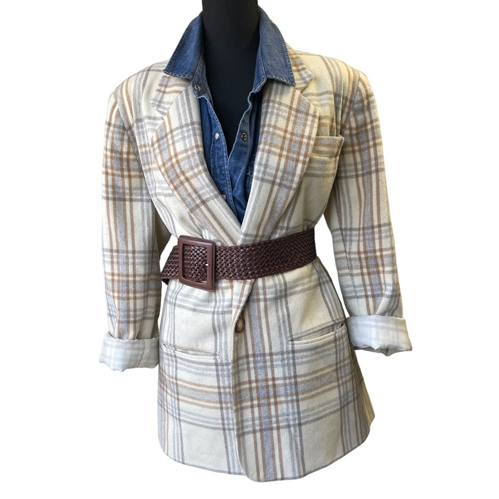 Vintage Tartan Plaid Wool Blend Blazer Boxy Preppy Structural Neutral Size L/XL - Picture 6 of 15